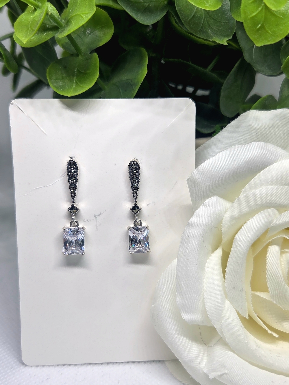 Sterling Silver Marcasite Drop Earrings with Clear Cubic Zirconia